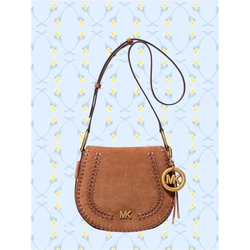 Michael Kors Josie Suede Saddle Flap Crossbody Whipstitch Boho Western Brown NWT